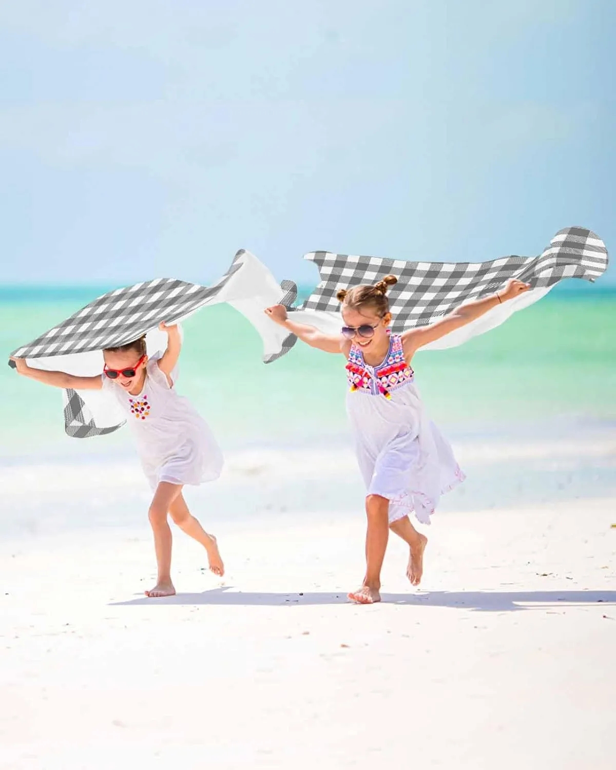 Beach Towel Gray Check Plaid Bath Pool Towels Geometric Grey White Sand Free Blanket Quick Dry Lightweight Travel Blankets for Adults Gifts 23x47in