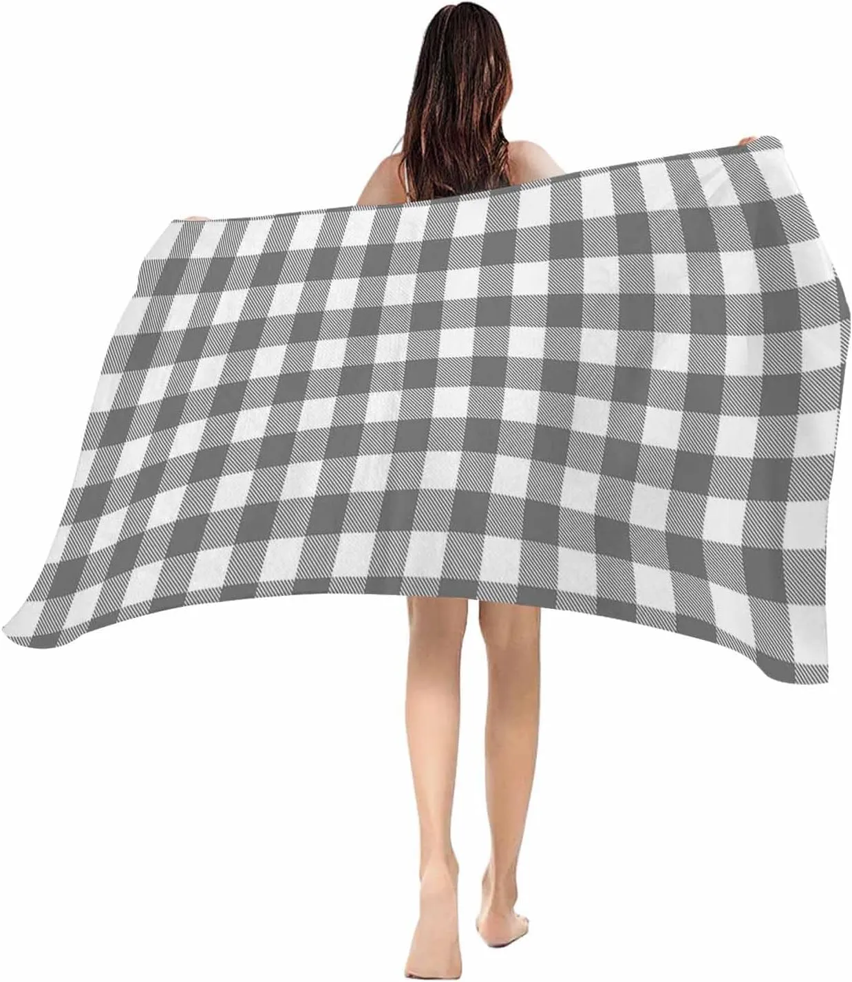 Beach Towel Gray Check Plaid Bath Pool Towels Geometric Grey White Sand Free Blanket Quick Dry Lightweight Travel Blankets for Adults Gifts 23x47in