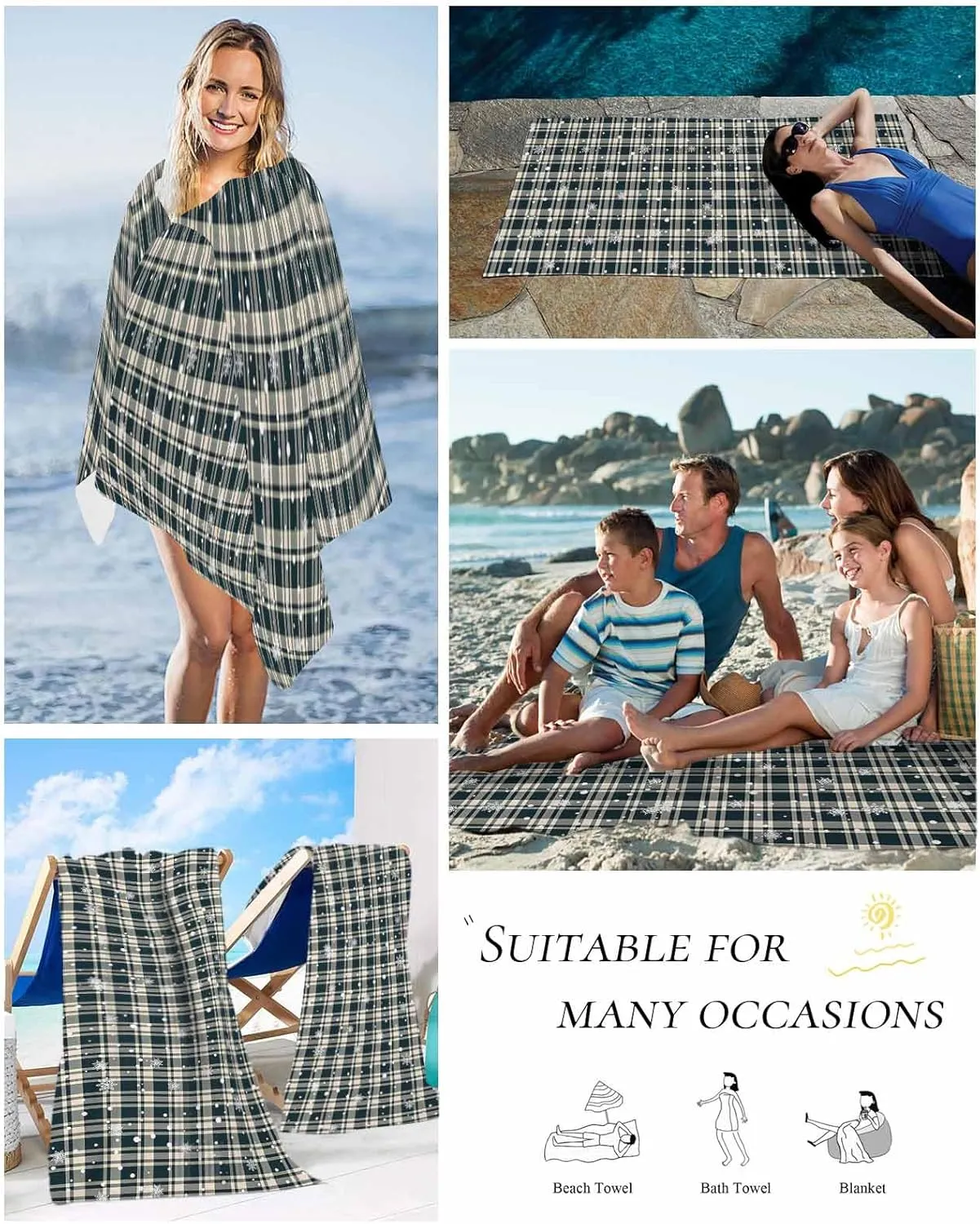 Beach Towel Winter Christmas Snowflake Plaid Bath Pool Towels Buffalo Check Sand Free Blanket Quick Dry Lightweight Travel Blankets for Adults Gifts 30x60in