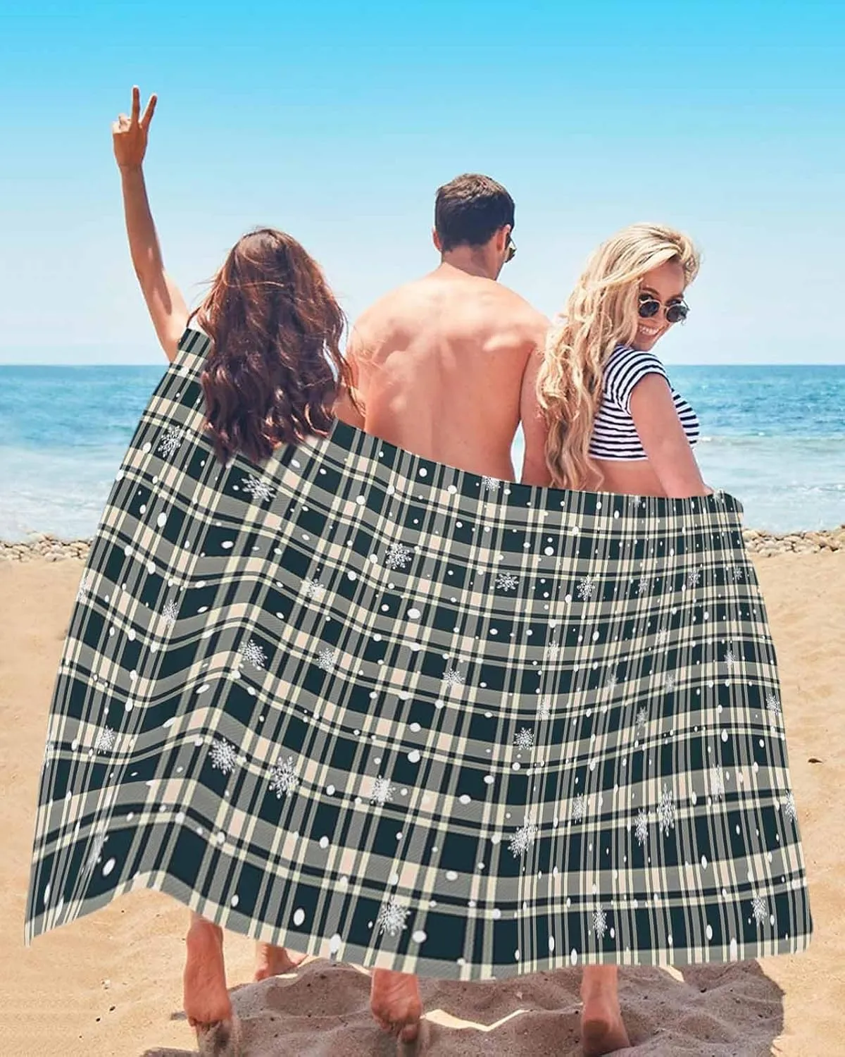 Beach Towel Winter Christmas Snowflake Plaid Bath Pool Towels Buffalo Check Sand Free Blanket Quick Dry Lightweight Travel Blankets for Adults Gifts 30x60in