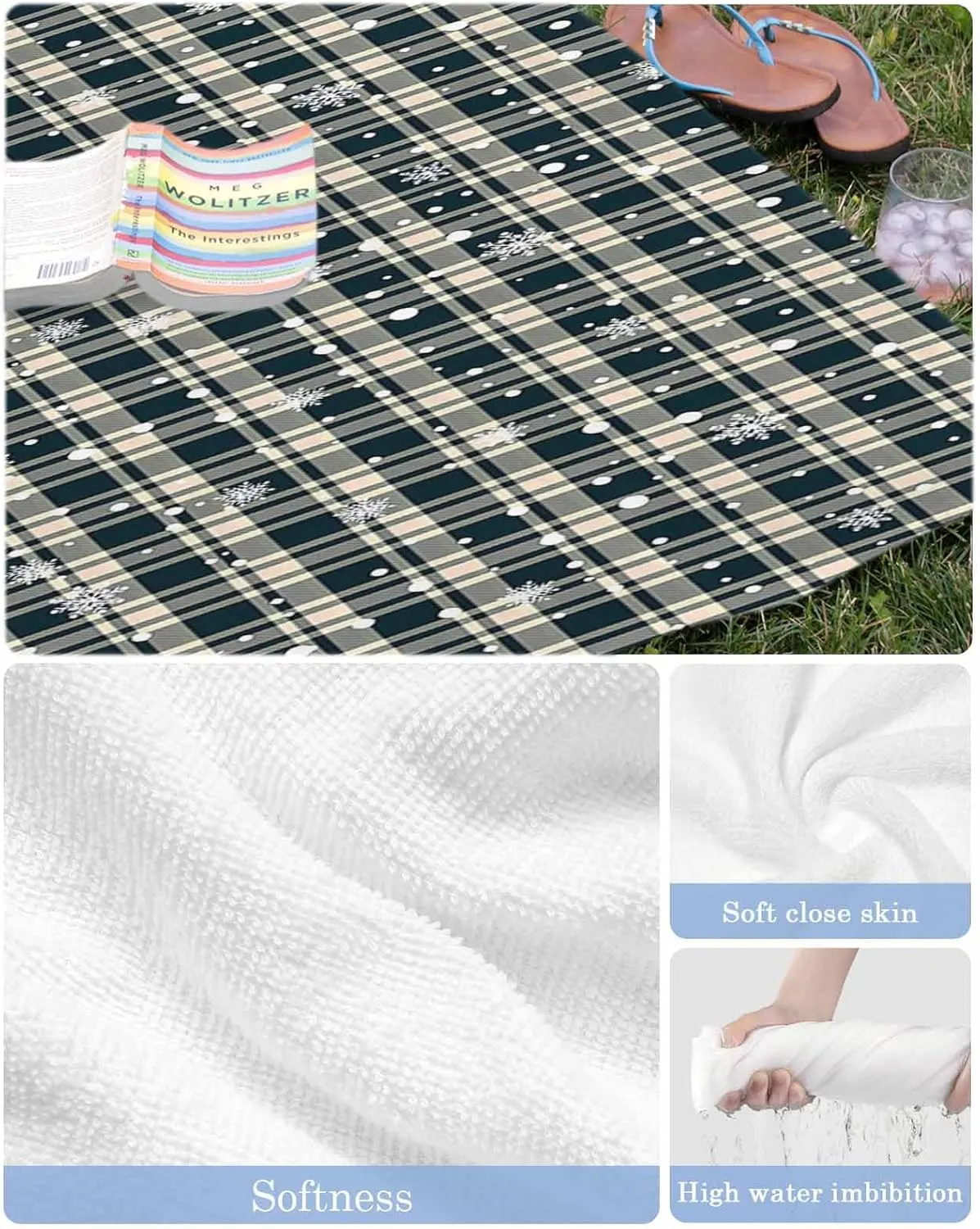 Beach Towel Winter Christmas Snowflake Plaid Bath Pool Towels Buffalo Check Sand Free Blanket Quick Dry Lightweight Travel Blankets for Adults Gifts 30x60in