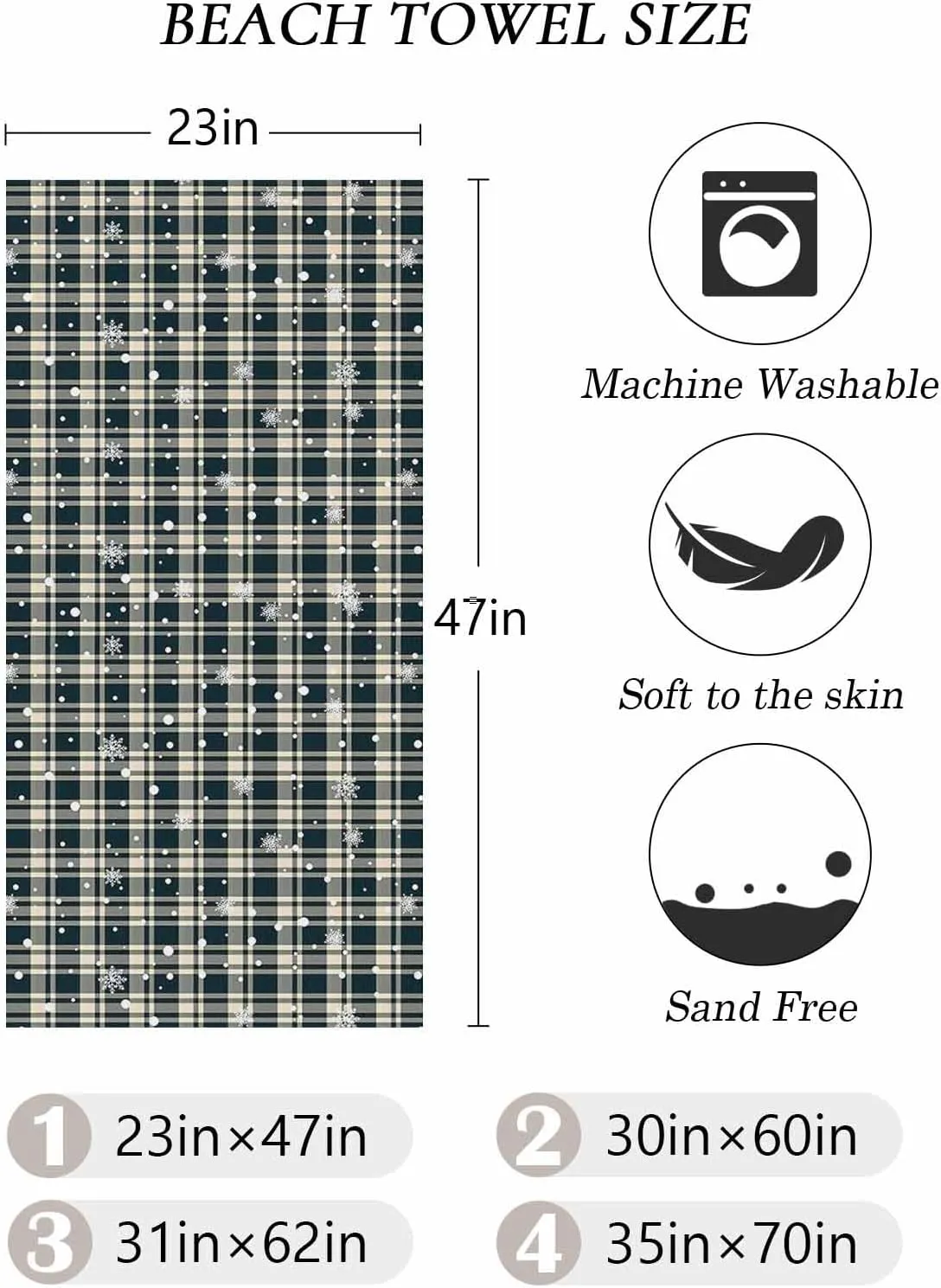 Beach Towel Winter Christmas Snowflake Plaid Bath Pool Towels Buffalo Check Sand Free Blanket Quick Dry Lightweight Travel Blankets for Adults Gifts 30x60in