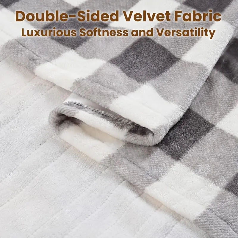 Bearhug Electric Blanket Heated Heating Blanket Twin Size 62" × 84" Double Sided Velvet 10 Heating Levels 0.5-12H Auto Off Over-Heat Protect ETL Certification Machine Washable Grey White Plaid