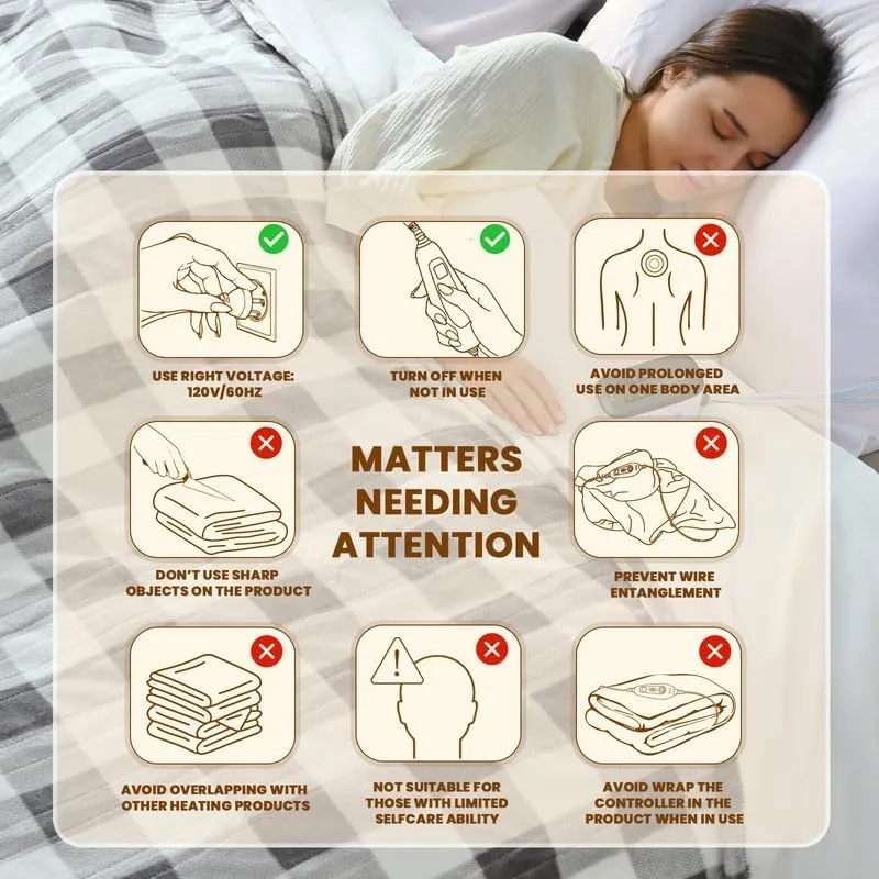 Bearhug Electric Blanket Heated Heating Blanket Twin Size 62" × 84" Double Sided Velvet 10 Heating Levels 0.5-12H Auto Off Over-Heat Protect ETL Certification Machine Washable Grey White Plaid