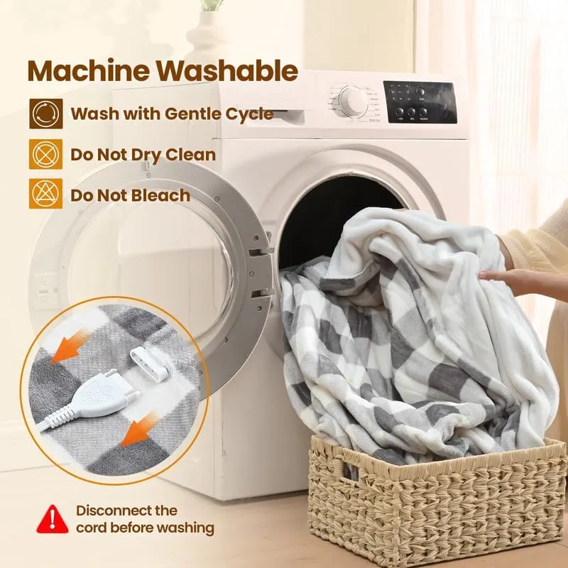 Bearhug Electric Blanket Heated Heating Blanket Twin Size 62" × 84" Double Sided Velvet 10 Heating Levels 0.5-12H Auto Off Over-Heat Protect ETL Certification Machine Washable Grey White Plaid