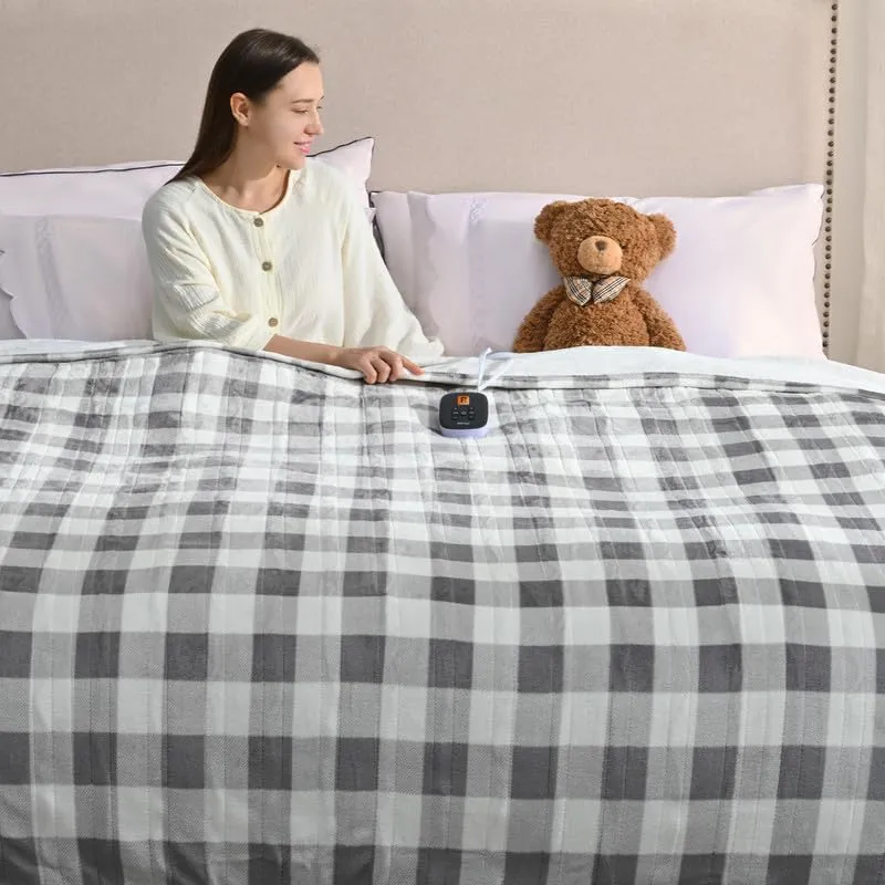Bearhug Electric Blanket Heated Heating Blanket Twin Size 62" × 84" Double Sided Velvet 10 Heating Levels 0.5-12H Auto Off Over-Heat Protect ETL Certification Machine Washable Grey White Plaid