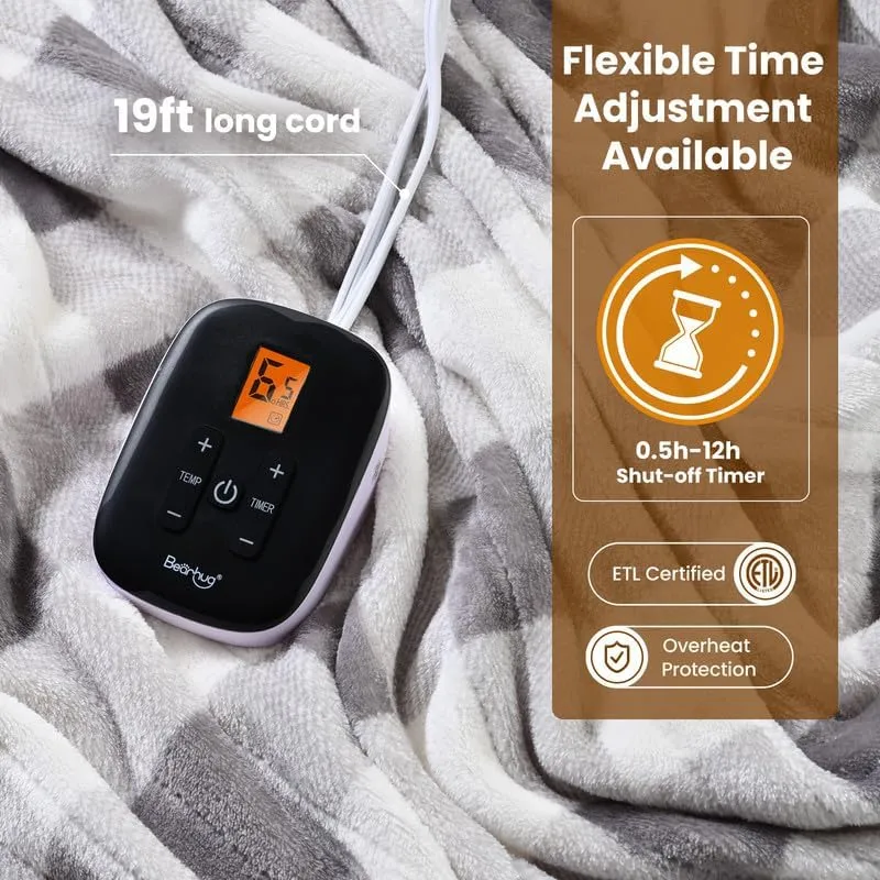Bearhug Electric Blanket Heated Heating Blanket Twin Size 62" × 84" Double Sided Velvet 10 Heating Levels 0.5-12H Auto Off Over-Heat Protect ETL Certification Machine Washable Grey White Plaid
