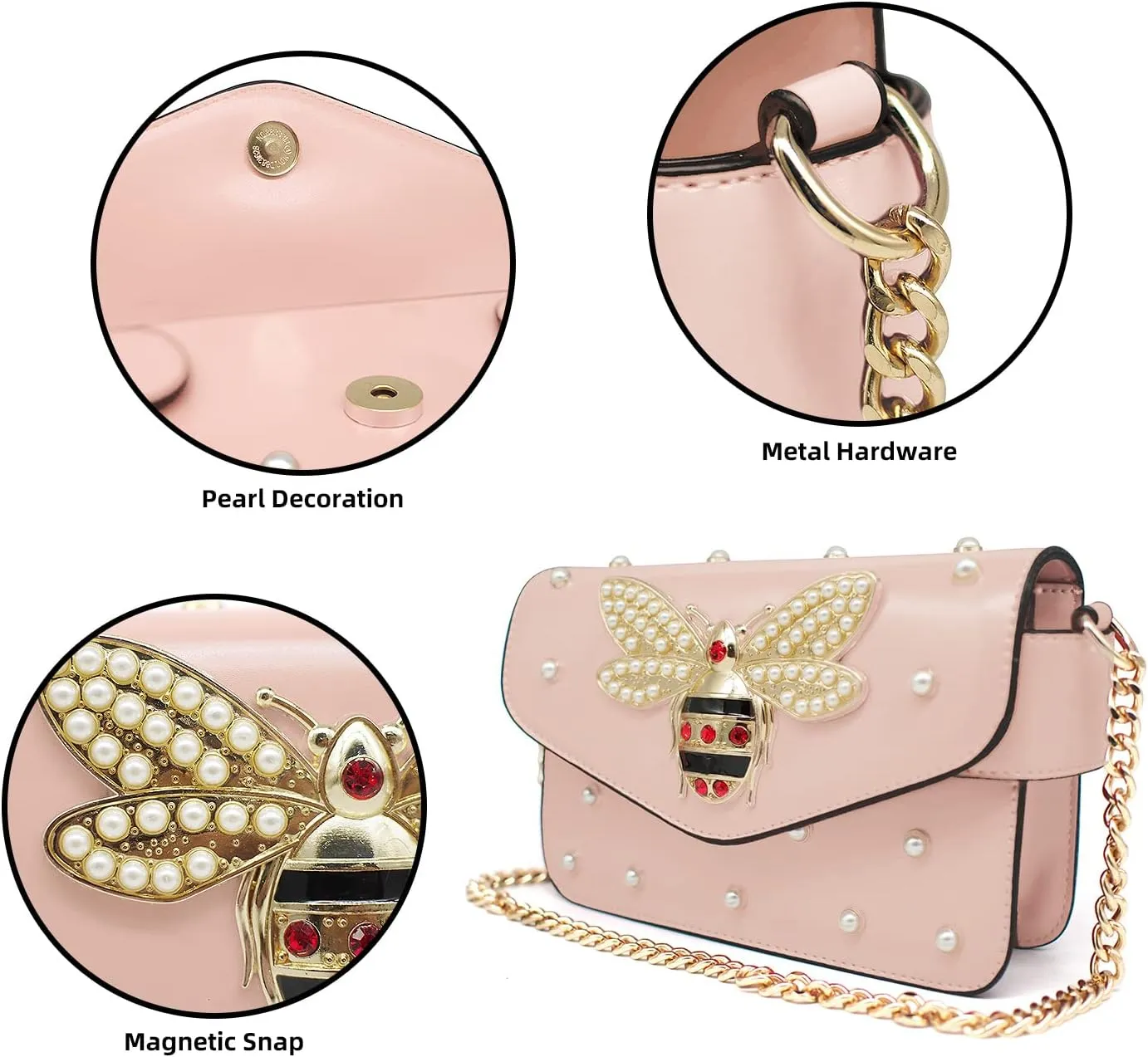 Beatfull Designer Bee Purse Fashion Crossbody Bags with Pearl for Women Pu Leather Shoulder Clutch Handbags
