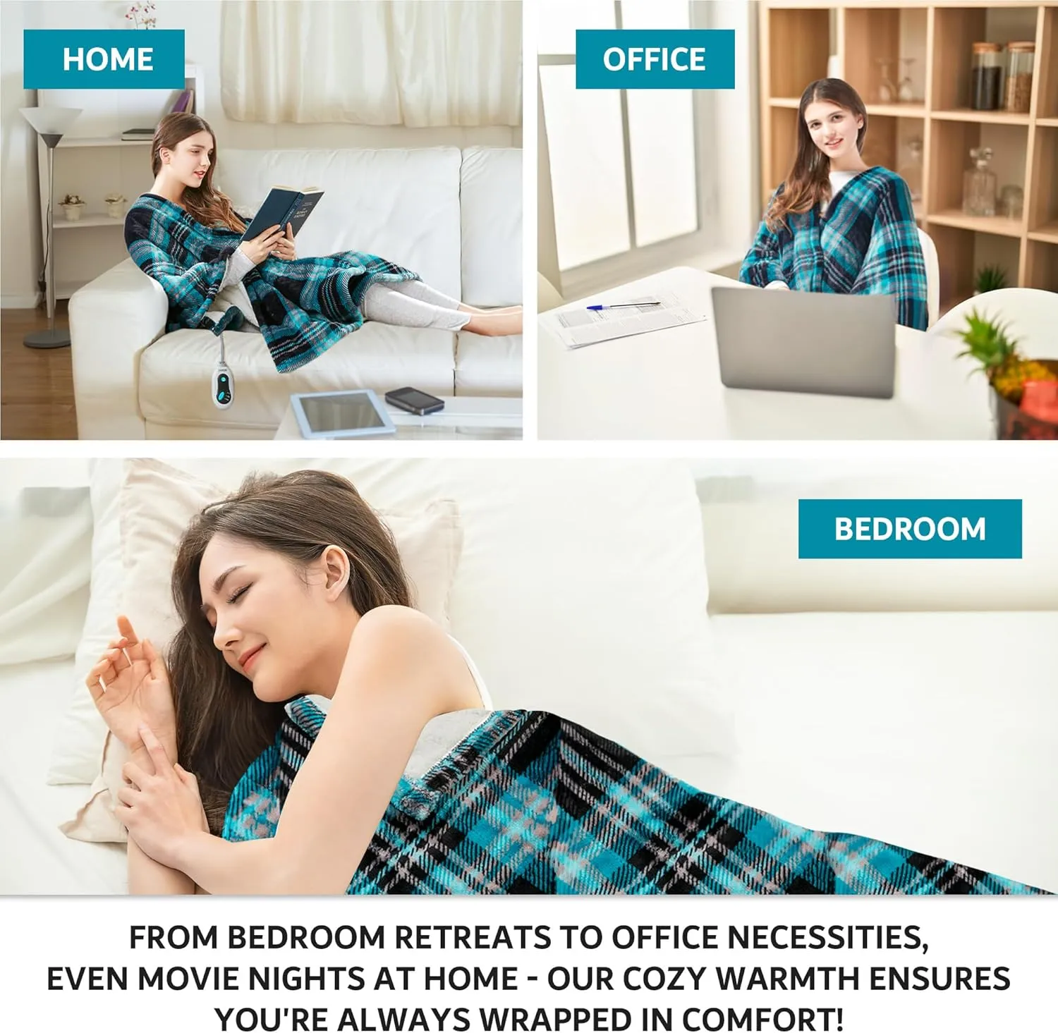 Beautyrest Heated Throw Blanket Wearable Shawl for Gifts, Sherpa to Fleece Electric Wrap Poncho, Auto Shut Off, Virtually No EMF, 3 Heat Level, UL Certified, Machine Wash, Aqua Plaid 50"x64"