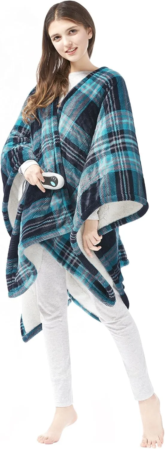 Beautyrest Heated Throw Blanket Wearable Shawl for Gifts, Sherpa to Fleece Electric Wrap Poncho, Auto Shut Off, Virtually No EMF, 3 Heat Level, UL Certified, Machine Wash, Aqua Plaid 50"x64"