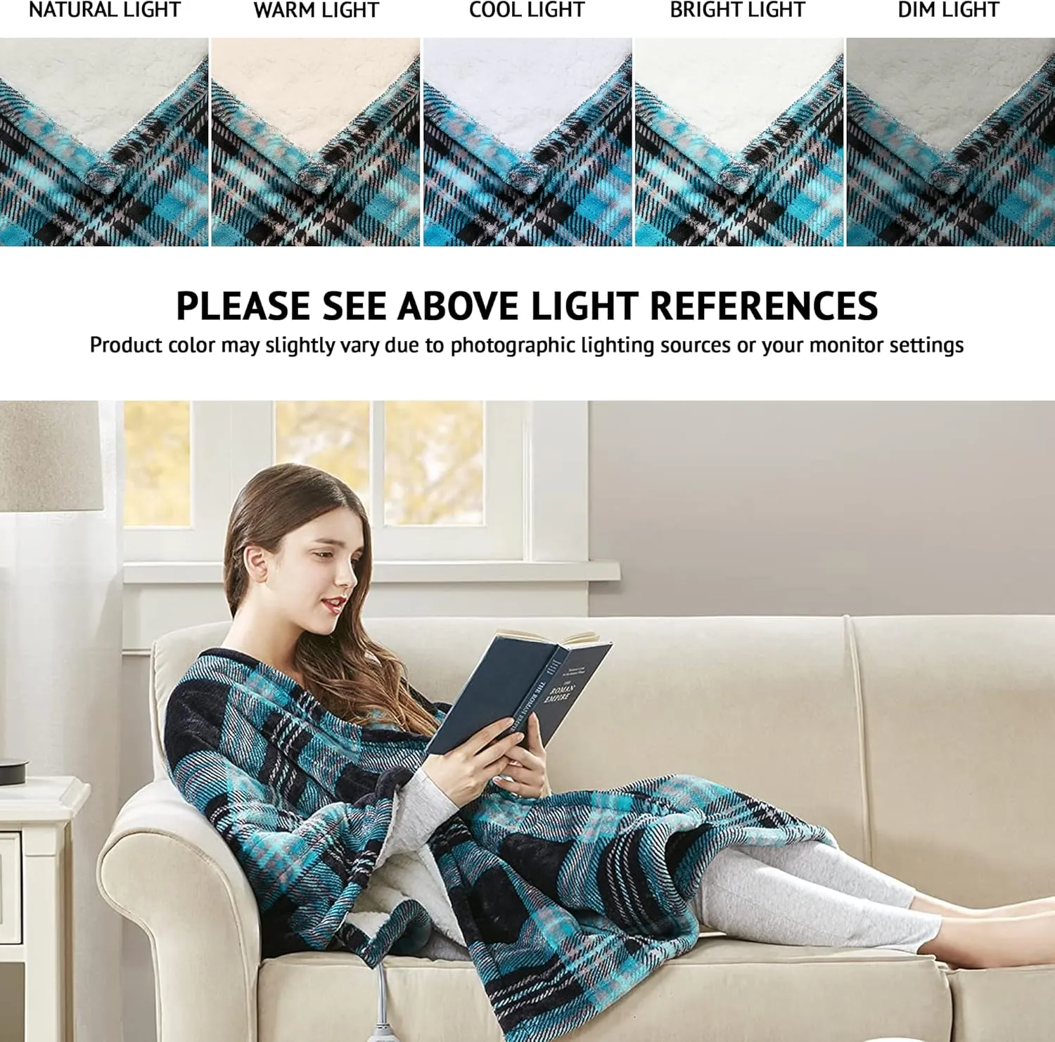Beautyrest Heated Throw Blanket Wearable Shawl for Gifts, Sherpa to Fleece Electric Wrap Poncho, Auto Shut Off, Virtually No EMF, 3 Heat Level, UL Certified, Machine Wash, Aqua Plaid 50"x64"