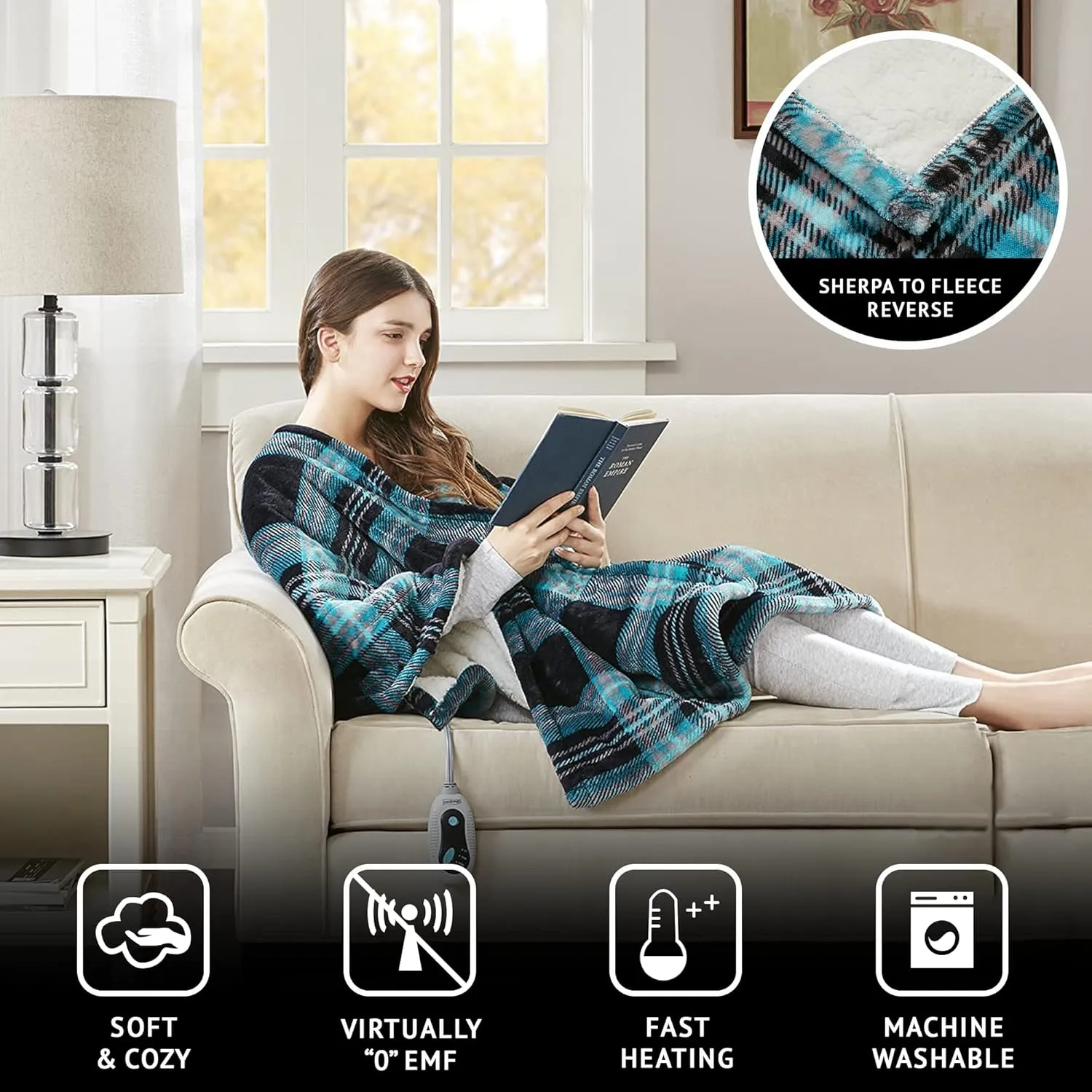 Beautyrest Heated Throw Blanket Wearable Shawl for Gifts, Sherpa to Fleece Electric Wrap Poncho, Auto Shut Off, Virtually No EMF, 3 Heat Level, UL Certified, Machine Wash, Aqua Plaid 50"x64"
