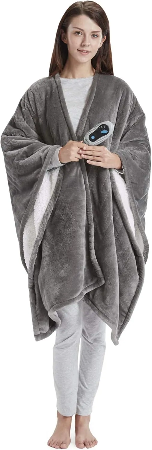Beautyrest Heated Throw Blanket Wearable Shawl for Gifts, Sherpa to Fleece Electric Wrap Poncho, Auto Shut Off, Virtually No EMF, 3 Heat Level, UL Certified, Machine Wash, Grey 50"x64"