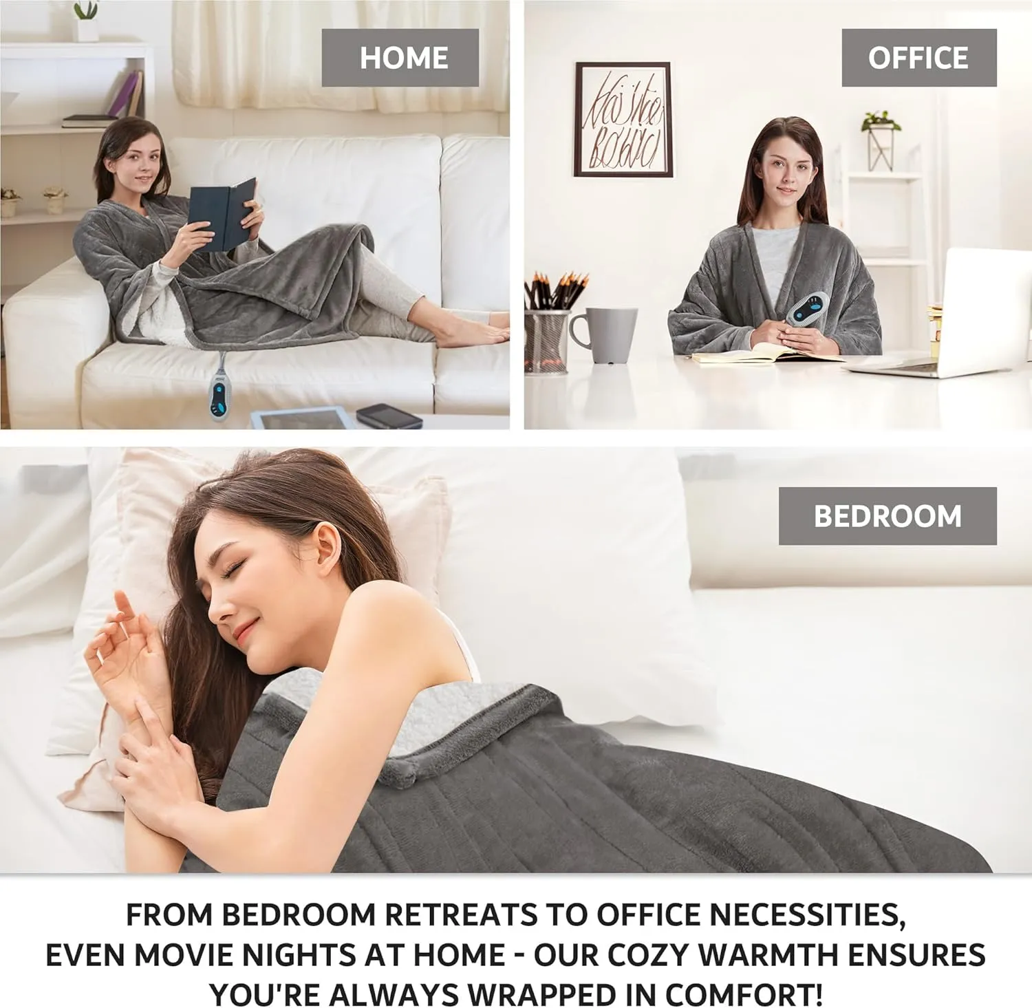 Beautyrest Heated Throw Blanket Wearable Shawl for Gifts, Sherpa to Fleece Electric Wrap Poncho, Auto Shut Off, Virtually No EMF, 3 Heat Level, UL Certified, Machine Wash, Grey 50"x64"
