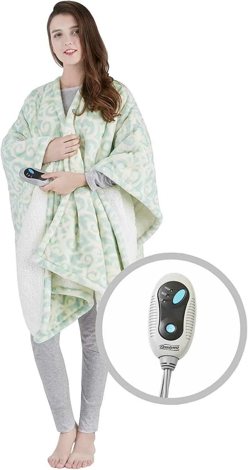 Beautyrest Ultra Soft Sherpa Berber Fleece Electric Poncho Wrap Blanket Heated Throw with Auto Shutoff, 50 in x 64 in, Dusty Blue Lattice