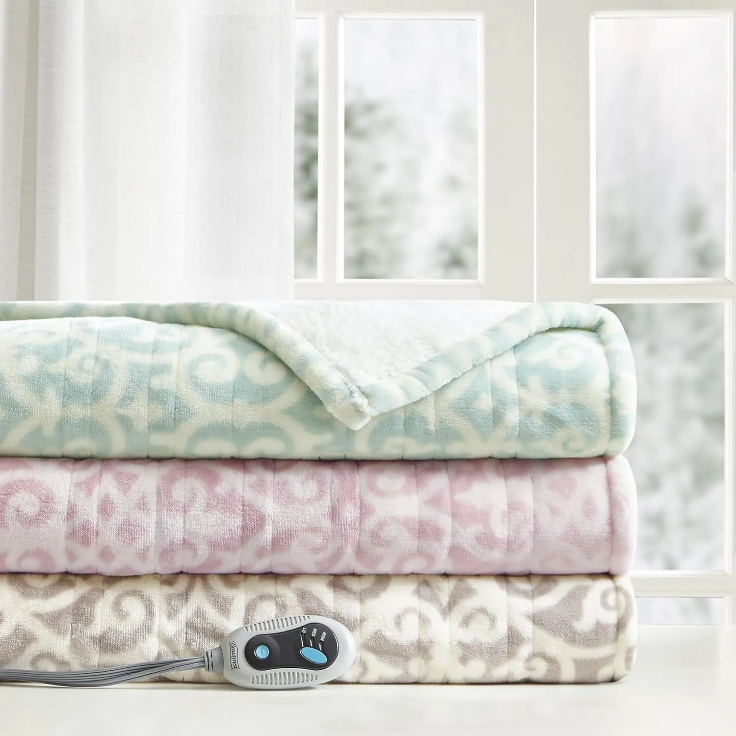Beautyrest Ultra Soft Sherpa Berber Fleece Electric Poncho Wrap Blanket Heated Throw with Auto Shutoff, 50 in x 64 in, Dusty Blue Lattice