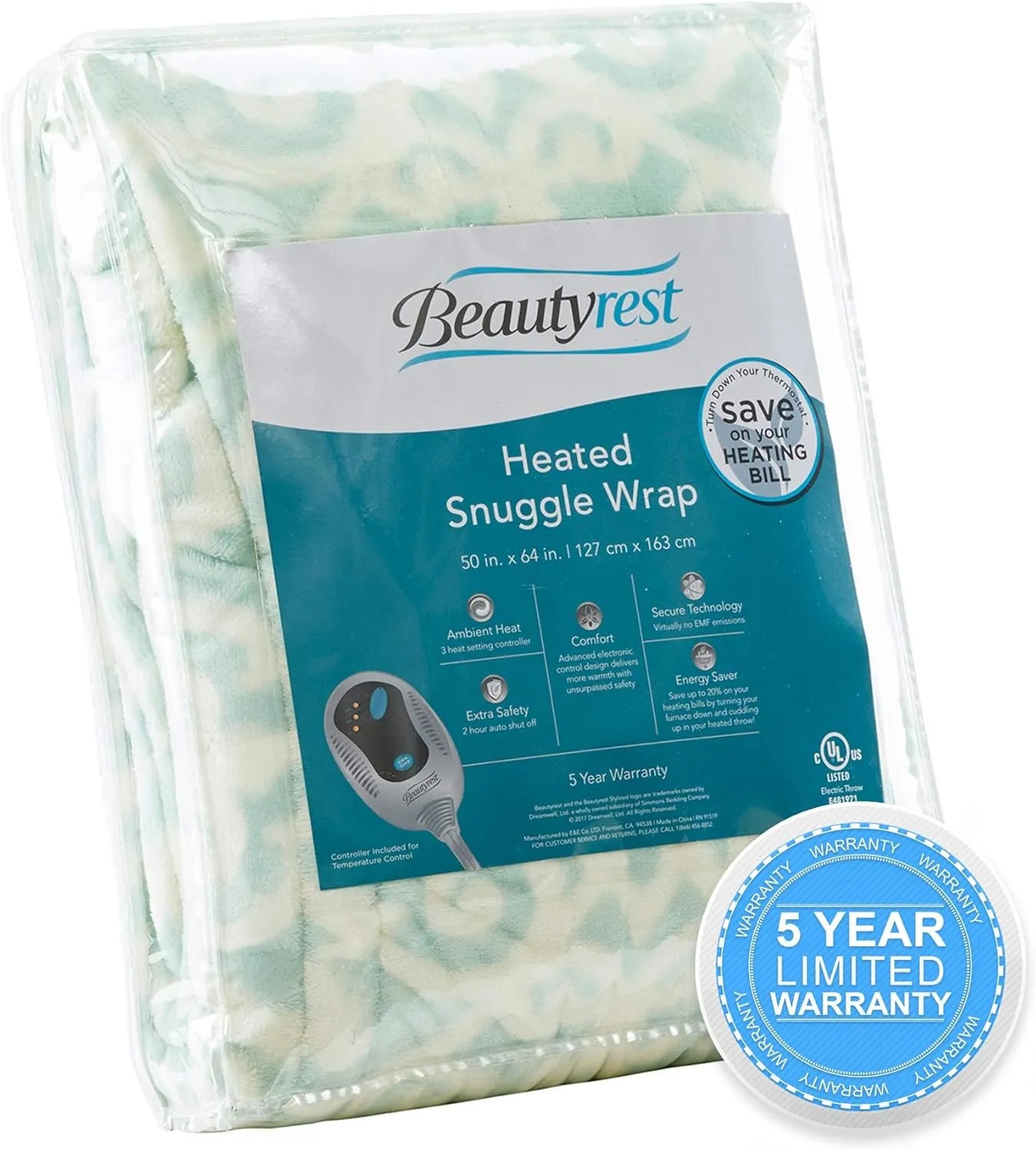 Beautyrest Ultra Soft Sherpa Berber Fleece Electric Poncho Wrap Blanket Heated Throw with Auto Shutoff, 50 in x 64 in, Dusty Blue Lattice