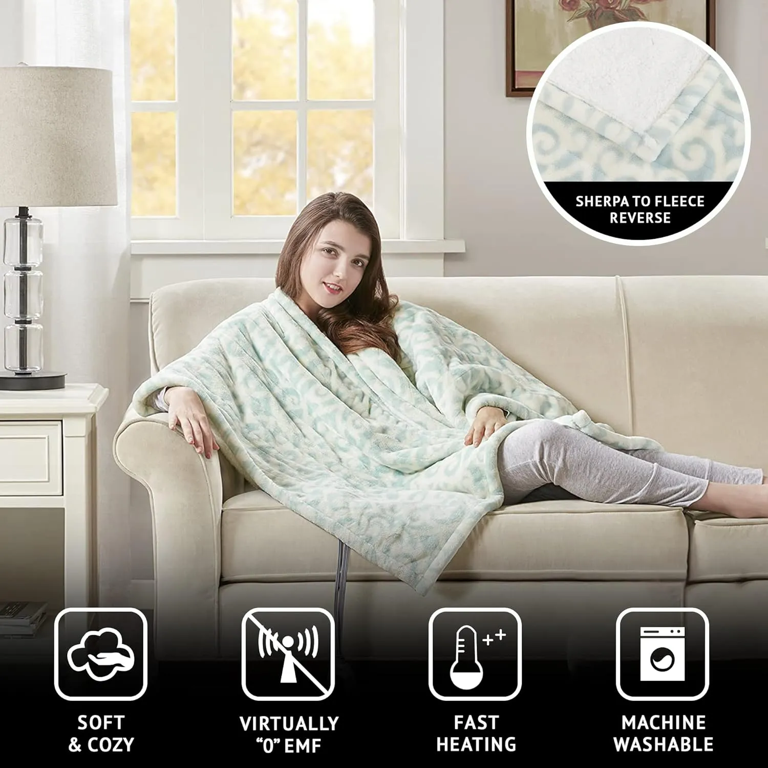 Beautyrest Ultra Soft Sherpa Berber Fleece Electric Poncho Wrap Blanket Heated Throw with Auto Shutoff, 50 in x 64 in, Dusty Blue Lattice