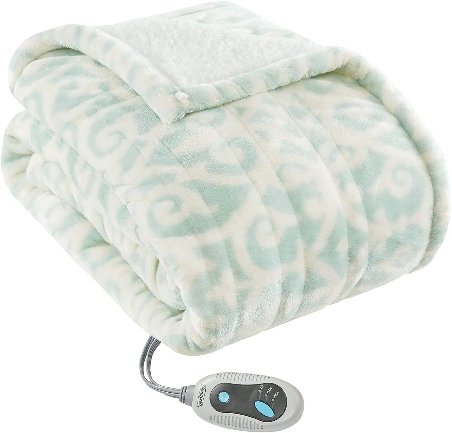 Beautyrest Ultra Soft Sherpa Berber Fleece Electric Poncho Wrap Blanket Heated Throw with Auto Shutoff, 50 in x 64 in, Dusty Blue Lattice