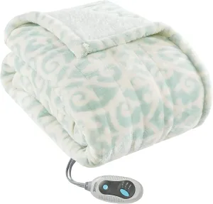 Beautyrest Ultra Soft Sherpa Berber Fleece Electric Poncho Wrap Blanket Heated Throw with Auto Shutoff, 50 in x 64 in, Dusty Blue Lattice