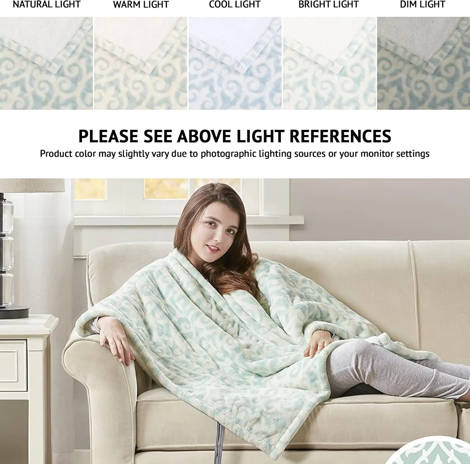 Beautyrest Ultra Soft Sherpa Berber Fleece Electric Poncho Wrap Blanket Heated Throw with Auto Shutoff, 50 in x 64 in, Dusty Blue Lattice