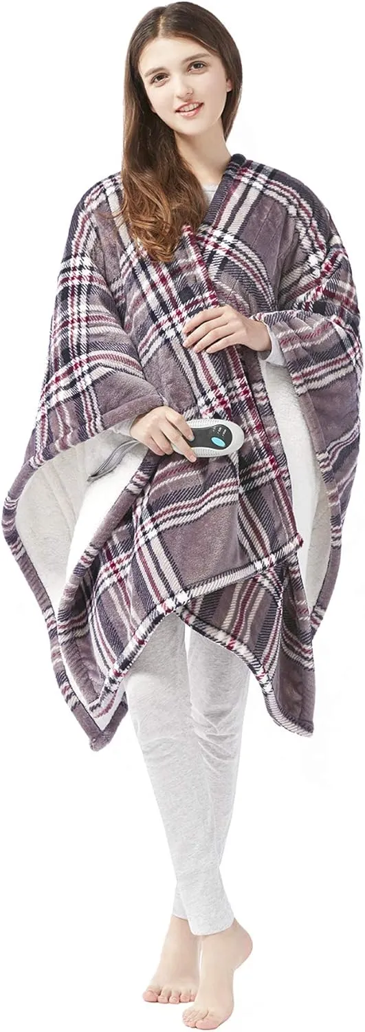 Beautyrest Ultra Soft Sherpa Berber Fleece Electric Poncho Wrap Blanket Heated Throw with Auto Shutoff, 50 in x 64 in, Grey Plaid