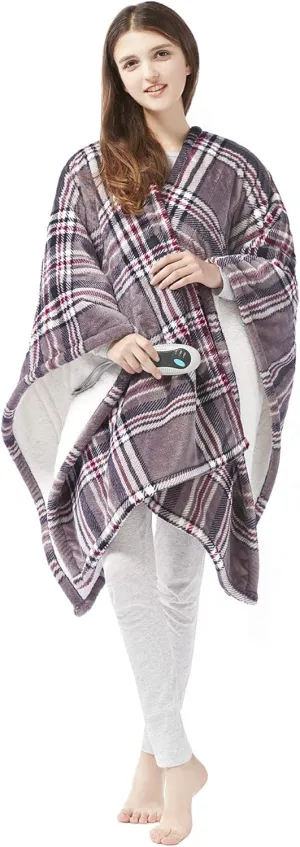 Beautyrest Ultra Soft Sherpa Berber Fleece Electric Poncho Wrap Blanket Heated Throw with Auto Shutoff, 50 in x 64 in, Grey Plaid