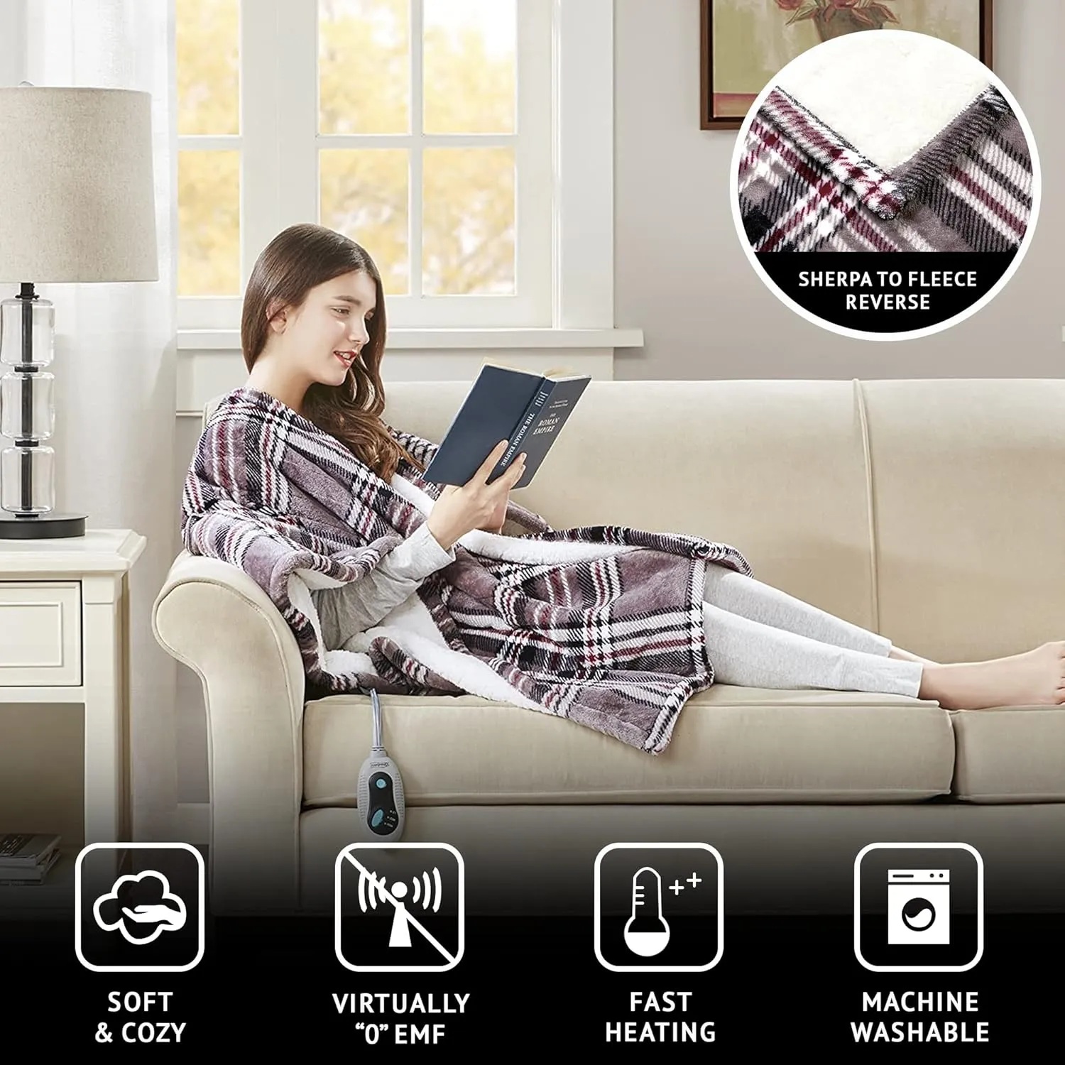 Beautyrest Ultra Soft Sherpa Berber Fleece Electric Poncho Wrap Blanket Heated Throw with Auto Shutoff, 50 in x 64 in, Grey Plaid