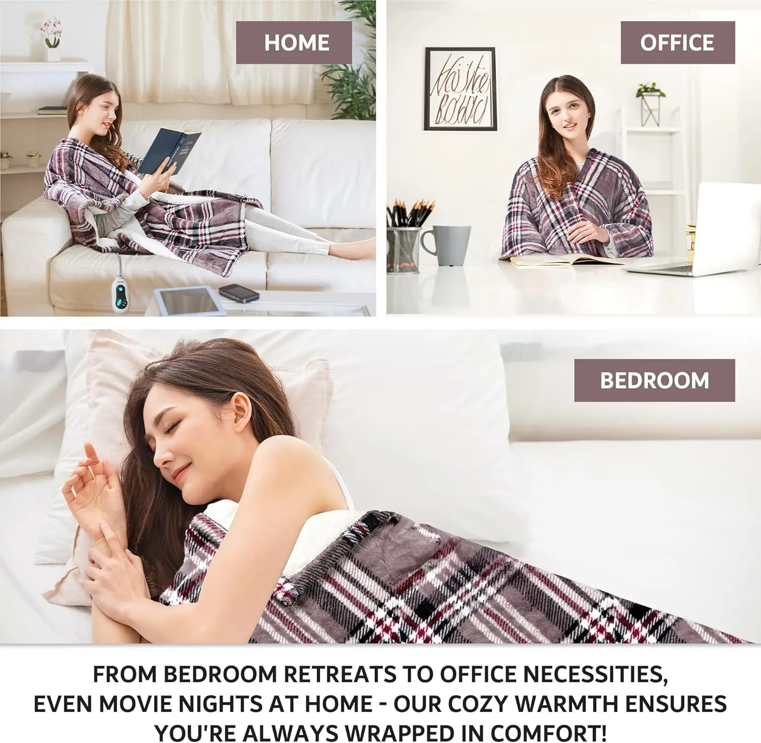 Beautyrest Ultra Soft Sherpa Berber Fleece Electric Poncho Wrap Blanket Heated Throw with Auto Shutoff, 50 in x 64 in, Grey Plaid