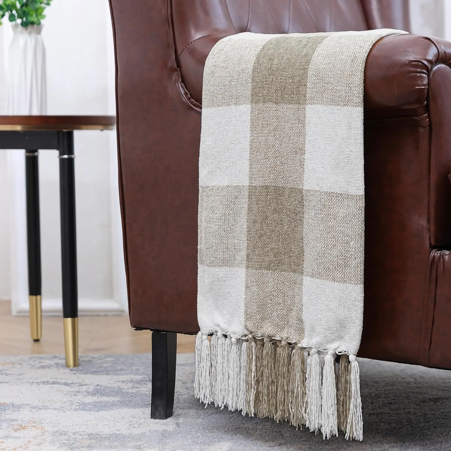 Beige White Buffalo Plaid Decor Blanket, Lightweight Soft Chenille Check Knitted Rustic Farmhouse Throw with Tassels for Couch Sofa Chair Bed Office Home, Tan and Ivory, Queen Size