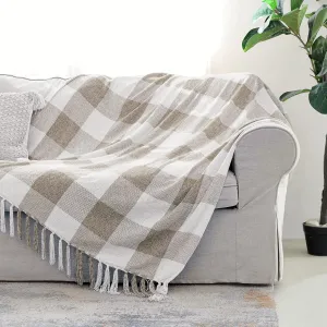 Beige White Buffalo Plaid Decor Blanket, Lightweight Soft Chenille Check Knitted Rustic Farmhouse Throw with Tassels for Couch Sofa Chair Bed Office Home, Tan and Ivory, Queen Size
