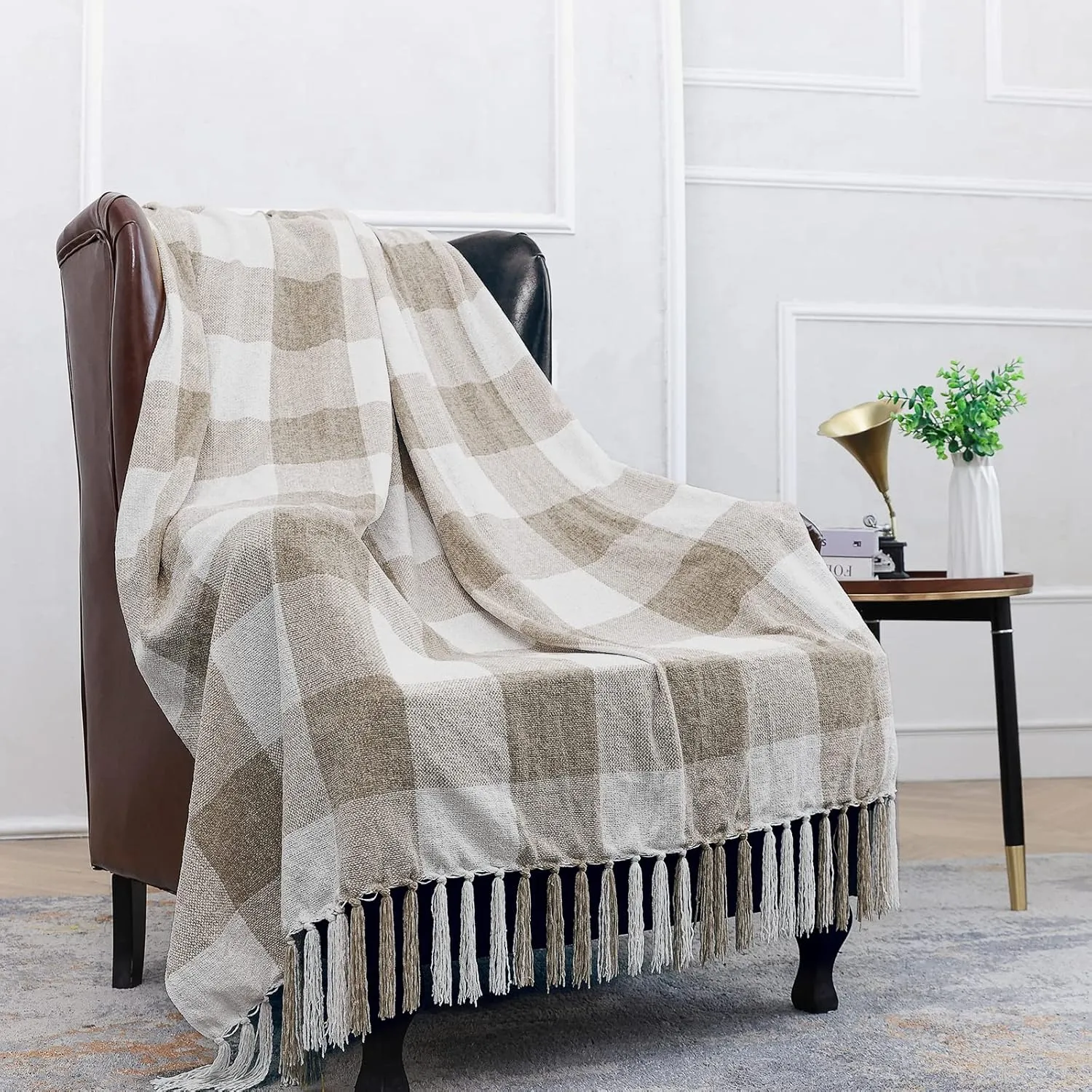Beige White Buffalo Plaid Decor Blanket, Lightweight Soft Chenille Check Knitted Rustic Farmhouse Throw with Tassels for Couch Sofa Chair Bed Office Home, Tan and Ivory, Queen Size