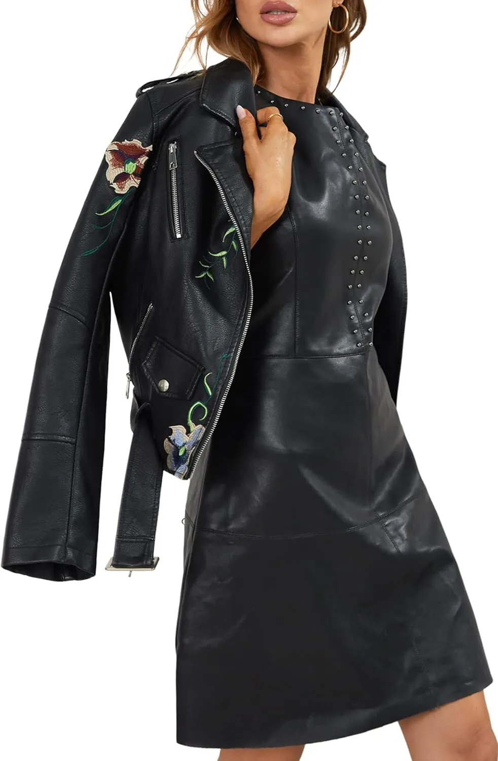 Bellivera Faux Leather Jacket for Women Studded Rivet Floral Moto Biker Short Lapel Coat