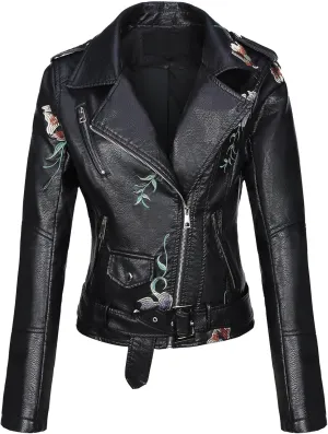 Bellivera Faux Leather Jacket for Women Studded Rivet Floral Moto Biker Short Lapel Coat
