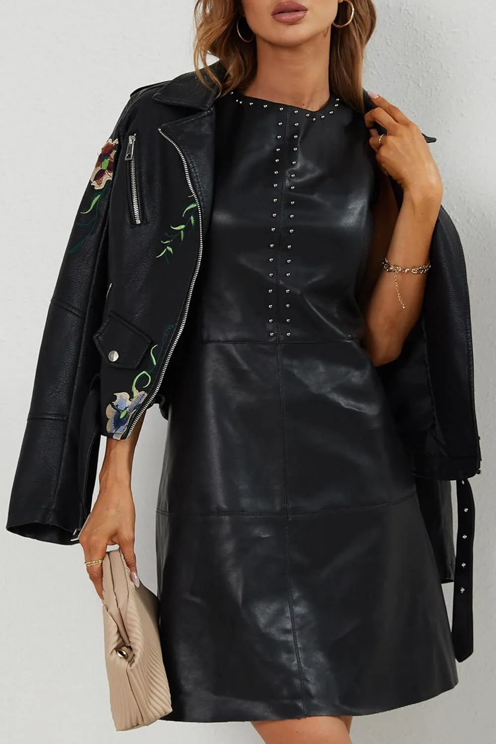 Bellivera Faux Leather Jacket for Women Studded Rivet Floral Moto Biker Short Lapel Coat