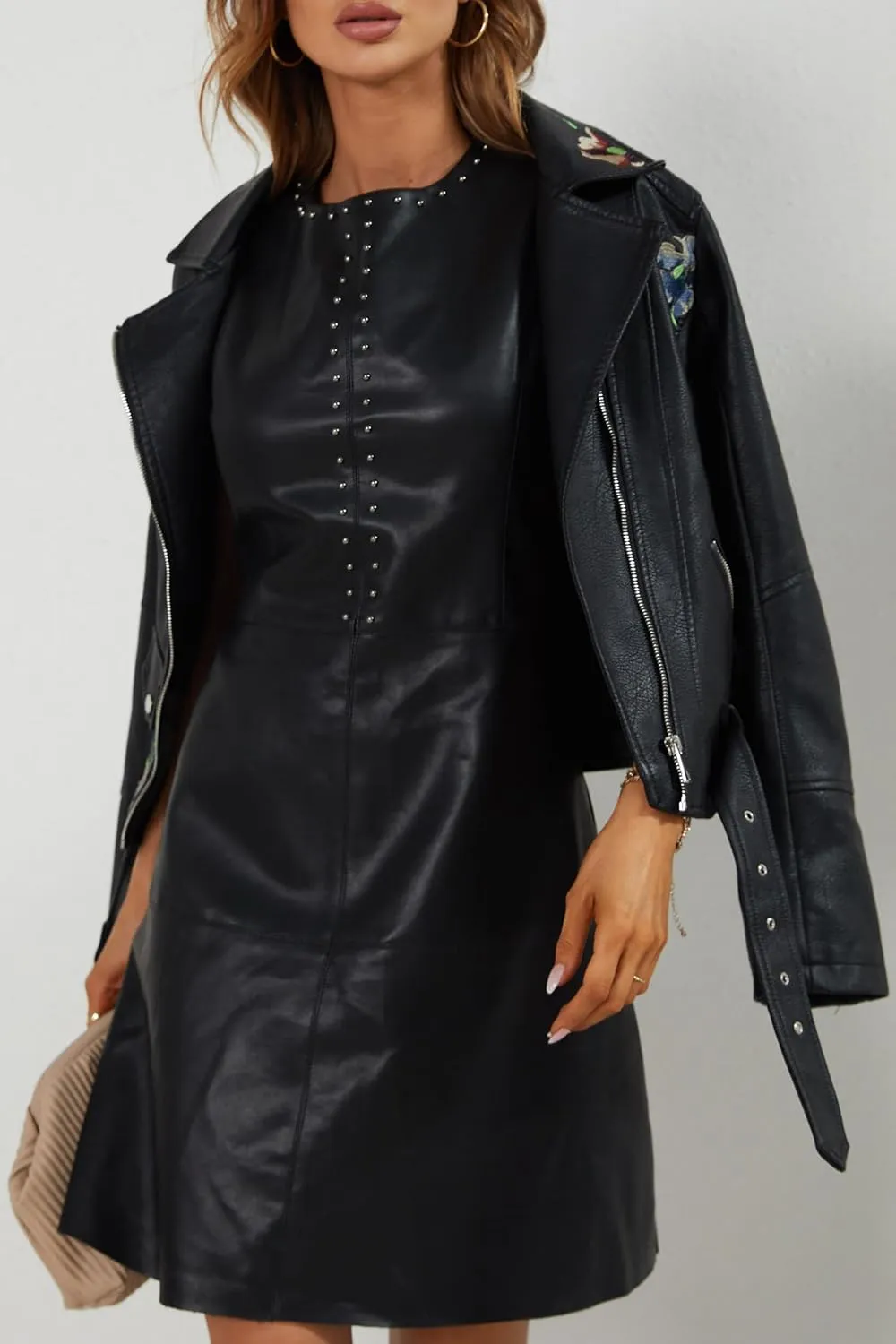 Bellivera Faux Leather Jacket for Women Studded Rivet Floral Moto Biker Short Lapel Coat