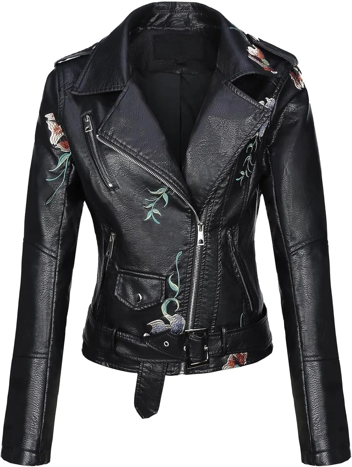 Bellivera Faux Leather Jacket for Women Studded Rivet Floral Moto Biker Short Lapel Coat