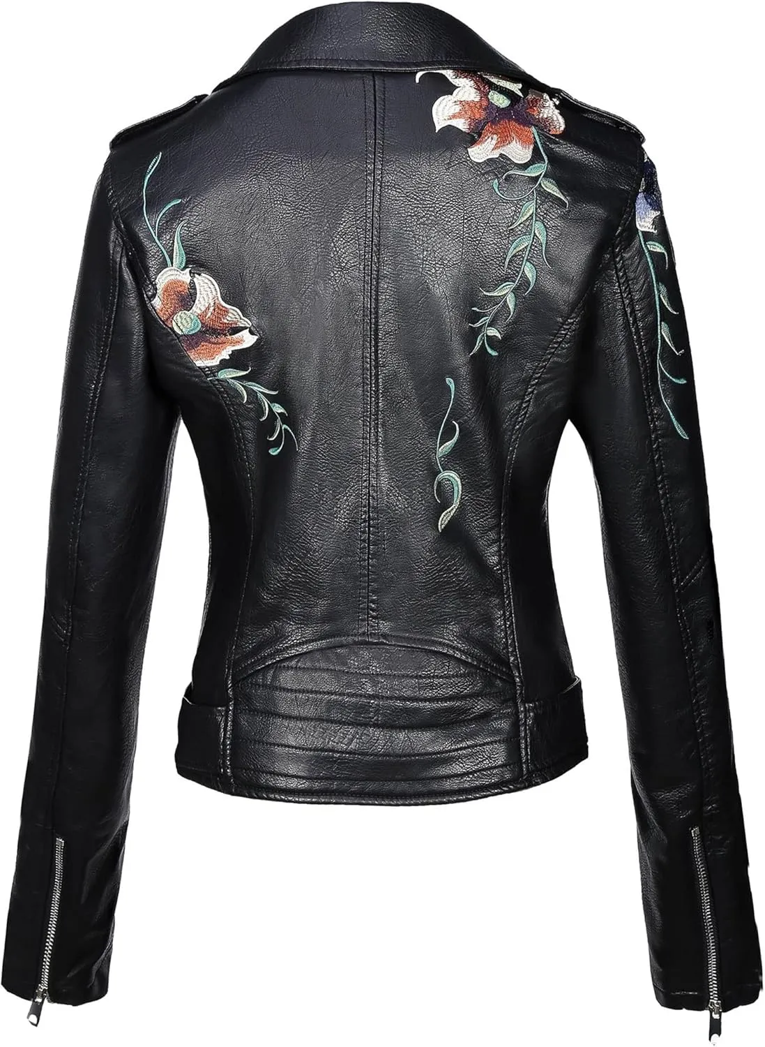 Bellivera Faux Leather Jacket for Women Studded Rivet Floral Moto Biker Short Lapel Coat