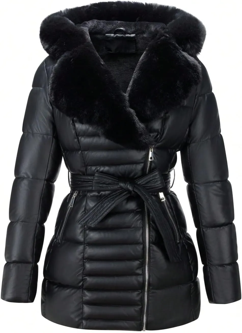 Bellivera Women's Winter Puffer Jacket Cold-Resistant Patchwork Plush Lining Coat with Removable Fur Collar Hooded and Belted
