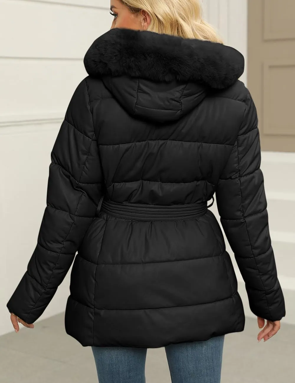 Bellivera Women's Winter Puffer Jacket Cold-Resistant Patchwork Plush Lining Coat with Removable Fur Collar Hooded and Belted