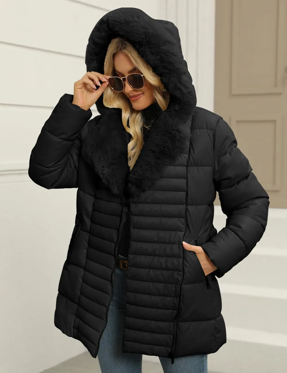 Bellivera Women's Winter Puffer Jacket Cold-Resistant Patchwork Plush Lining Coat with Removable Fur Collar Hooded and Belted