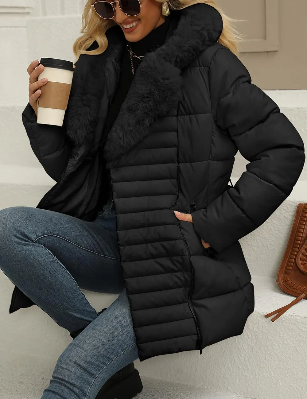 Bellivera Women's Winter Puffer Jacket Cold-Resistant Patchwork Plush Lining Coat with Removable Fur Collar Hooded and Belted