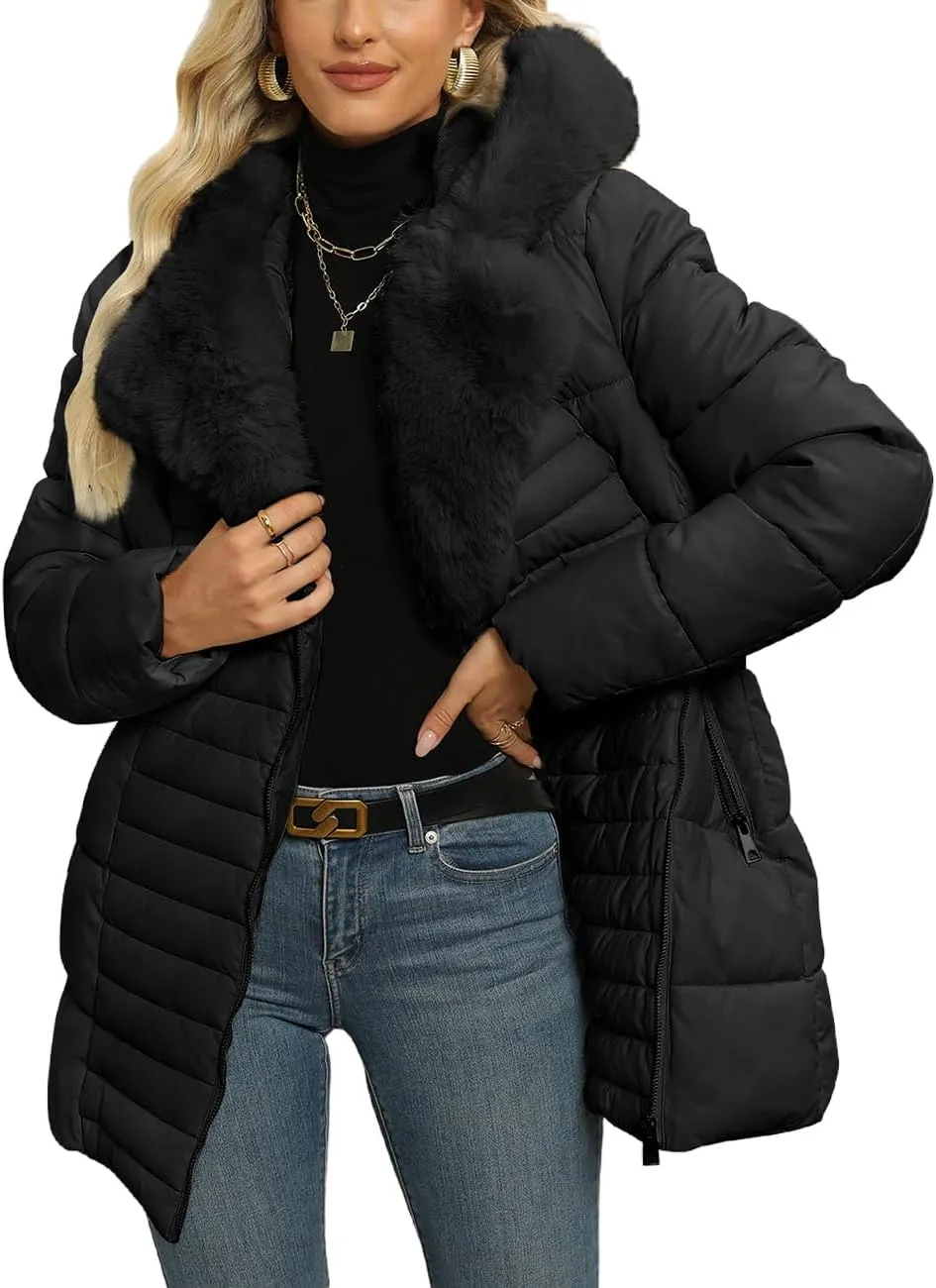 Bellivera Women's Winter Puffer Jacket Cold-Resistant Patchwork Plush Lining Coat with Removable Fur Collar Hooded and Belted