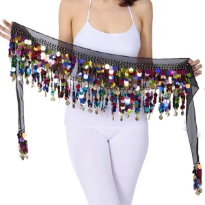 Belly Dance Color Sequin Film Gong Hip Scarf Skirt With Gold Coins For Women Belly Dancer Costume Chiffon
