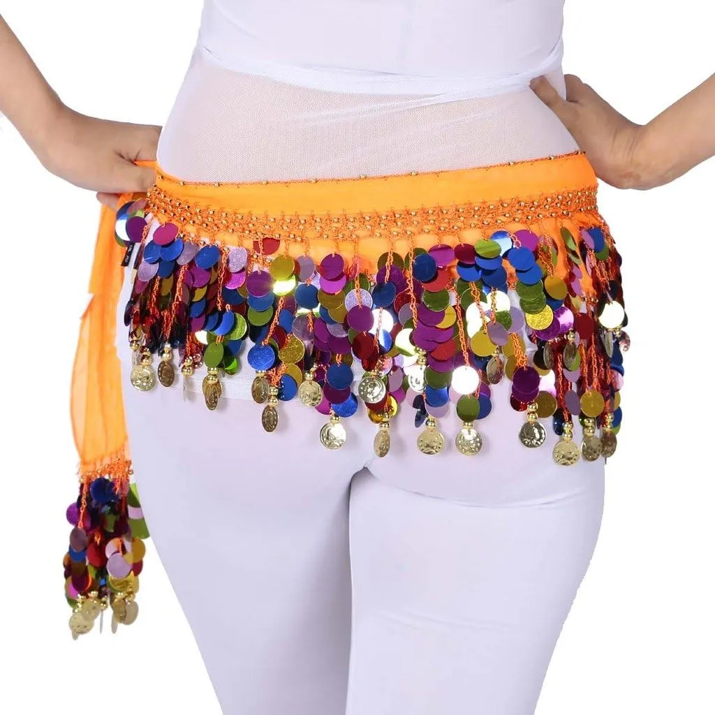 Belly Dance Color Sequin Film Gong Hip Scarf Skirt With Gold Coins For Women Belly Dancer Costume Chiffon