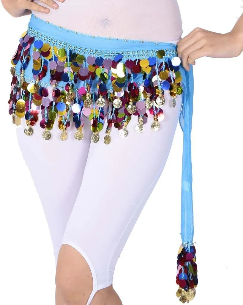 Belly Dance Color Sequin Film Gong Hip Scarf Skirt With Gold Coins For Women Belly Dancer Costume Chiffon