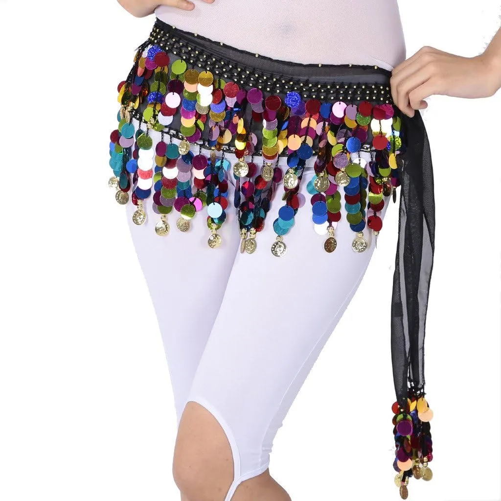 Belly Dance Color Sequin Film Gong Hip Scarf Skirt With Gold Coins For Women Belly Dancer Costume Chiffon
