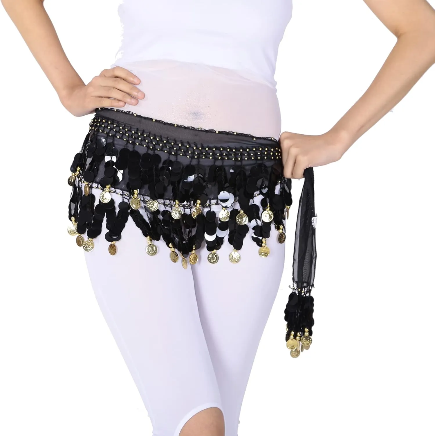 Belly Dance Color Sequin Film Gong Hip Scarf Skirt With Gold Coins For Women Belly Dancer Costume Chiffon