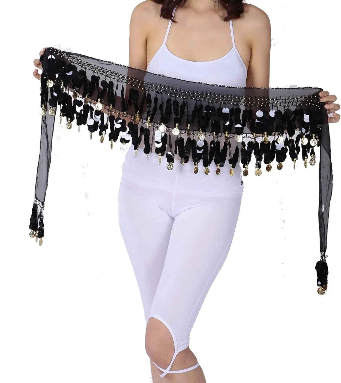 Belly Dance Color Sequin Film Gong Hip Scarf Skirt With Gold Coins For Women Belly Dancer Costume Chiffon