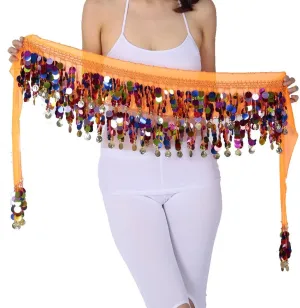 Belly Dance Color Sequin Film Gong Hip Scarf Skirt With Gold Coins For Women Belly Dancer Costume Chiffon